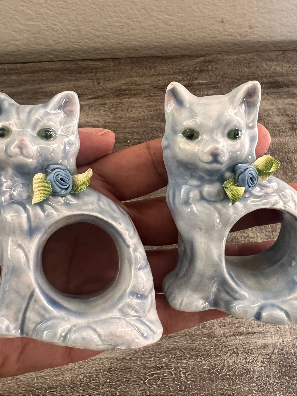 Set Of 2 Vintage Cat Napkin Holder Blue Kittens Cottagecore With Fabric Bows